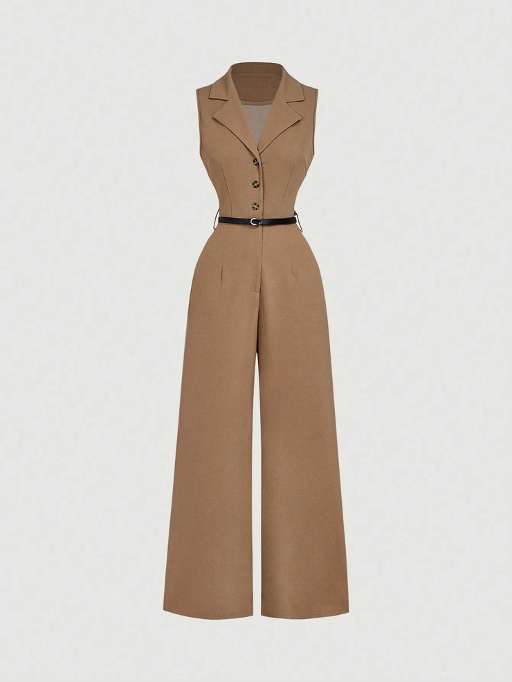 SHEIN MOD Vintage Brown Jumpsuit With Suit Collar And Belt, Elegant Jumpsuit