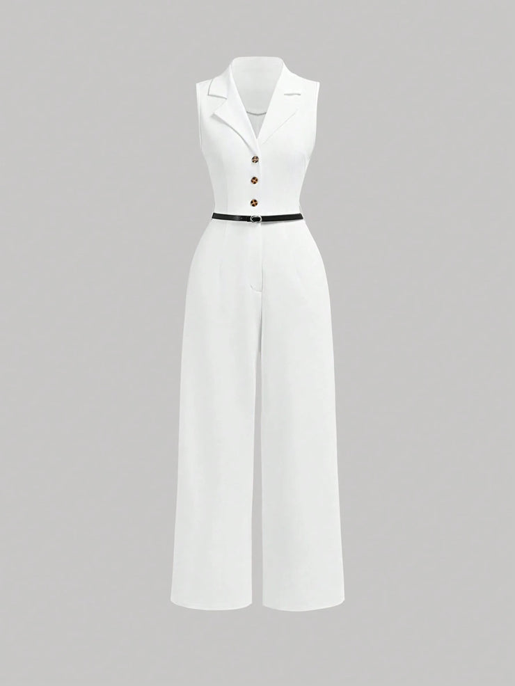 SHEIN MOD Vintage Brown Jumpsuit With Suit Collar And Belt, Elegant Jumpsuit