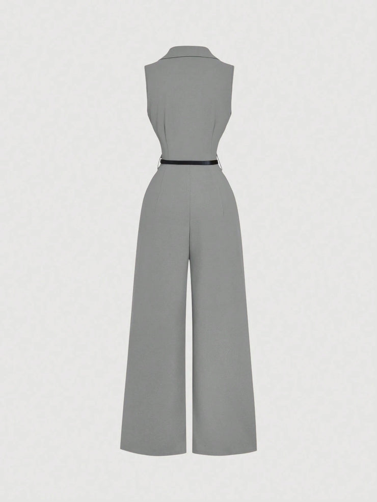 SHEIN MOD Vintage Brown Jumpsuit With Suit Collar And Belt, Elegant Jumpsuit