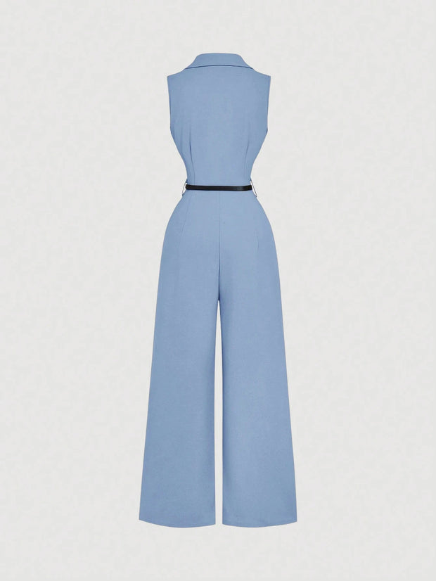 SHEIN MOD Vintage Brown Jumpsuit With Suit Collar And Belt, Elegant Jumpsuit