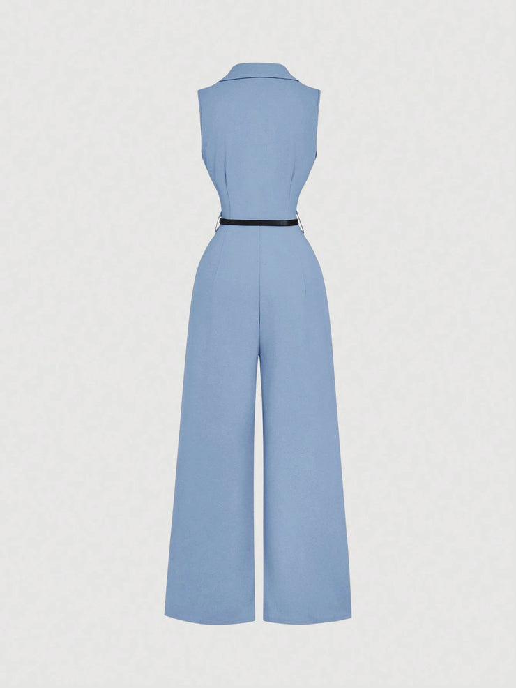 SHEIN MOD Vintage Brown Jumpsuit With Suit Collar And Belt, Elegant Jumpsuit