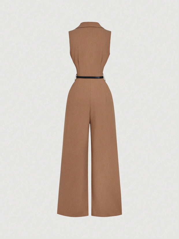 SHEIN MOD Vintage Brown Jumpsuit With Suit Collar And Belt, Elegant Jumpsuit