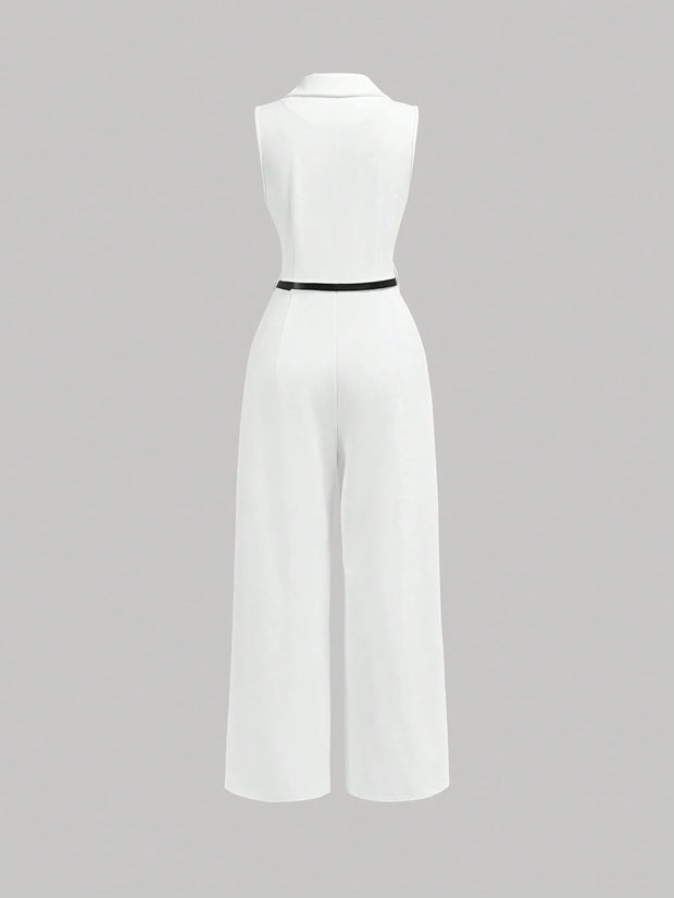 SHEIN MOD Vintage Brown Jumpsuit With Suit Collar And Belt, Elegant Jumpsuit
