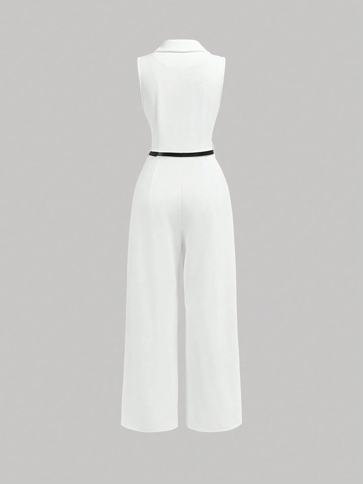 SHEIN MOD Vintage Brown Jumpsuit With Suit Collar And Belt, Elegant Jumpsuit