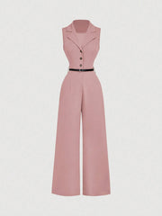 SHEIN MOD Vintage Brown Jumpsuit With Suit Collar And Belt, Elegant Jumpsuit