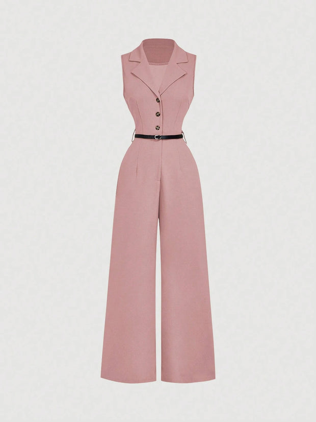 SHEIN MOD Vintage Brown Jumpsuit With Suit Collar And Belt, Elegant Jumpsuit