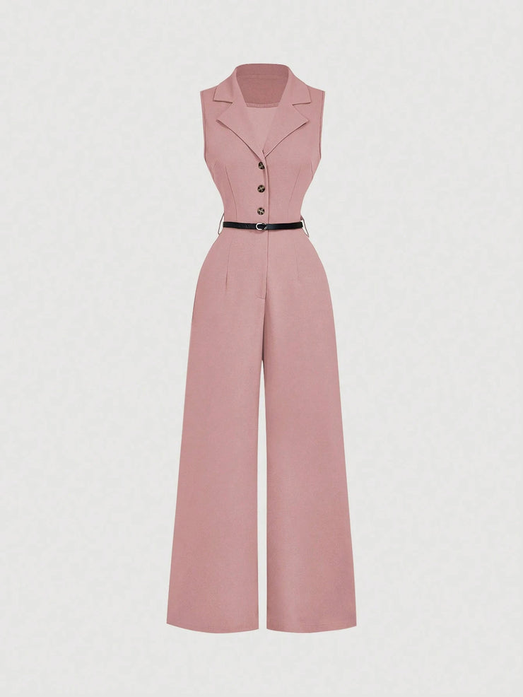 SHEIN MOD Vintage Brown Jumpsuit With Suit Collar And Belt, Elegant Jumpsuit