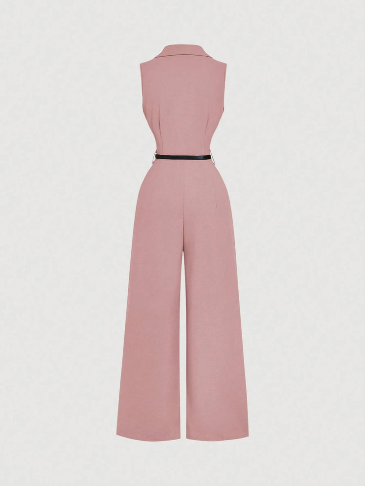 SHEIN MOD Vintage Brown Jumpsuit With Suit Collar And Belt, Elegant Jumpsuit