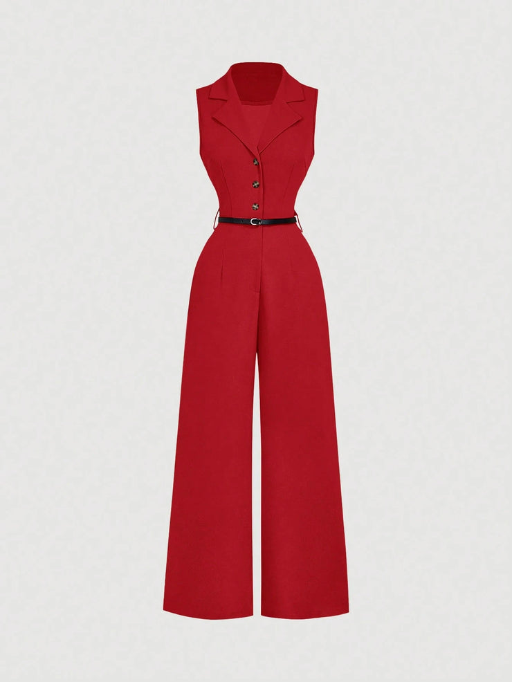 SHEIN MOD Vintage Brown Jumpsuit With Suit Collar And Belt, Elegant Jumpsuit
