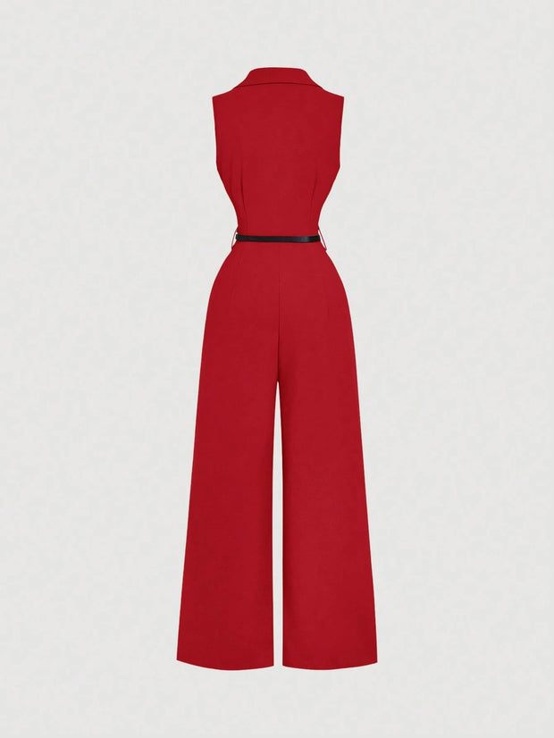 SHEIN MOD Vintage Brown Jumpsuit With Suit Collar And Belt, Elegant Jumpsuit