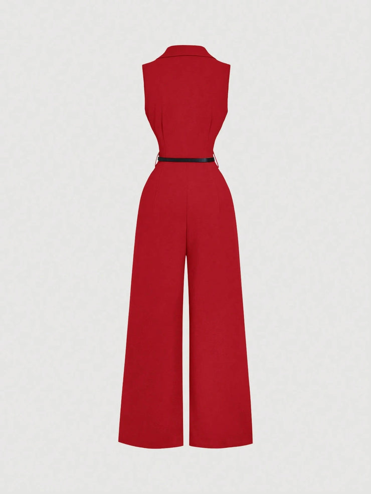 SHEIN MOD Vintage Brown Jumpsuit With Suit Collar And Belt, Elegant Jumpsuit