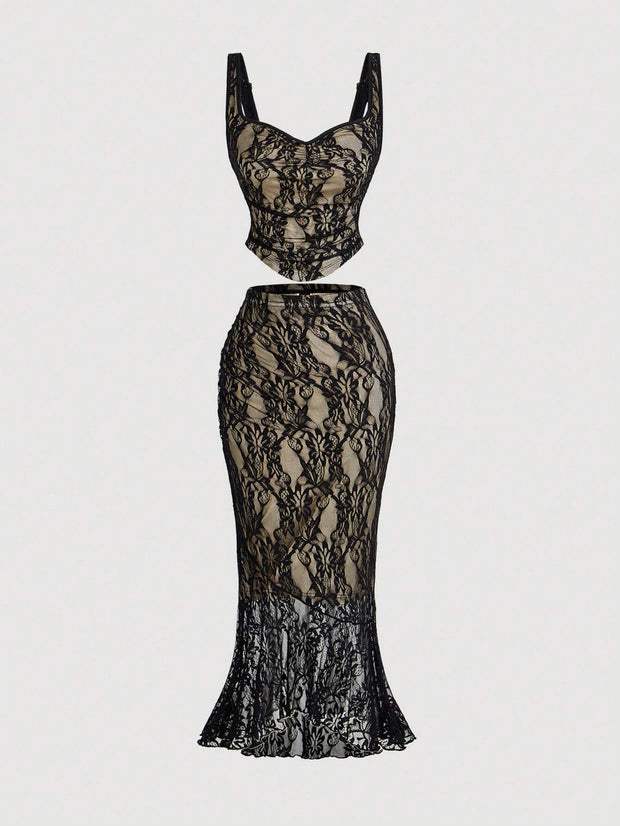SHEIN MOD Black Lace Vest Fishtail Skirt Two-Piece Set Dreamy Formal Set
