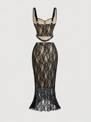 SHEIN MOD Black Lace Vest Fishtail Skirt Two-Piece Set Dreamy Formal Set