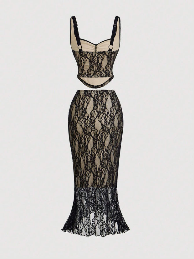 SHEIN MOD Black Lace Vest Fishtail Skirt Two-Piece Set Dreamy Formal Set