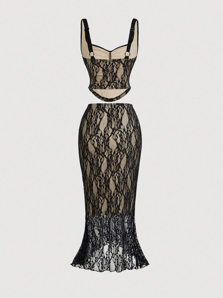 SHEIN MOD Black Lace Vest Fishtail Skirt Two-Piece Set Dreamy Formal Set