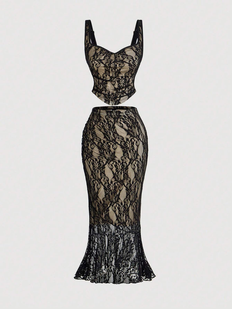 SHEIN MOD Black Lace Vest Fishtail Skirt Two-Piece Set Dreamy Formal Set