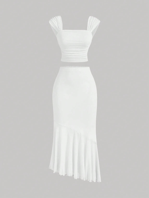SHEIN MOD Ruched Asymmetrical Hem Vintage Romantic Women's 2pcs Set