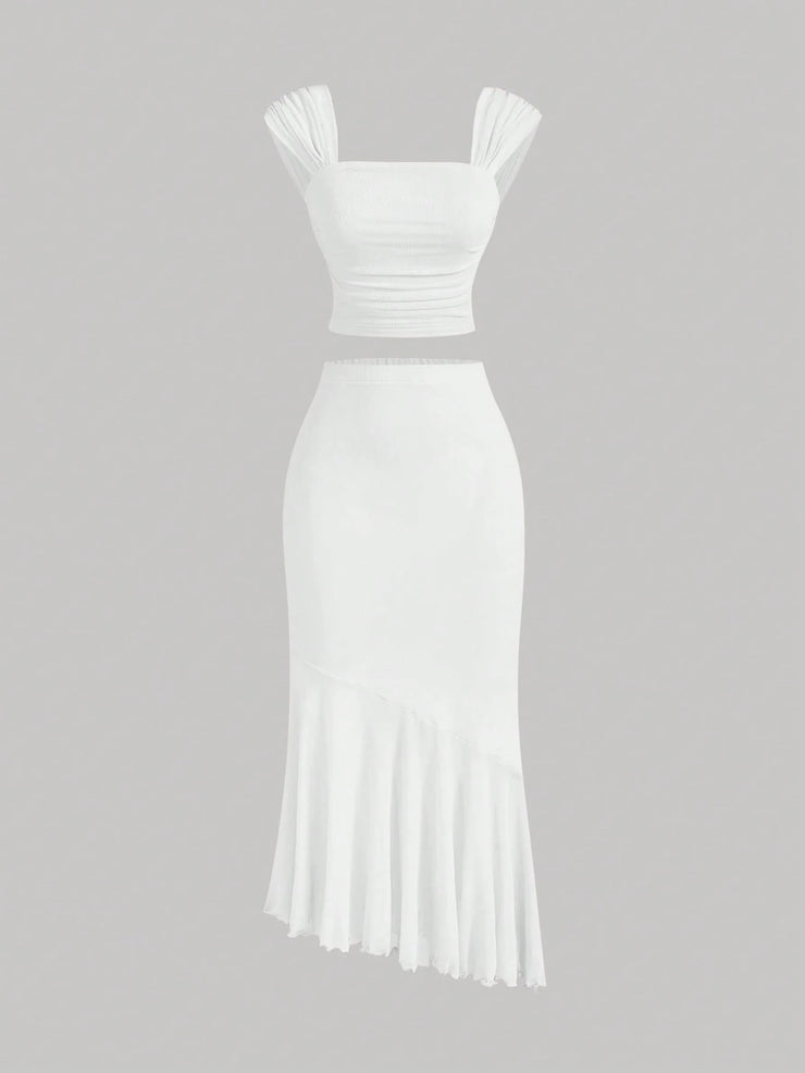 SHEIN MOD Ruched Asymmetrical Hem Vintage Romantic Women's 2pcs Set