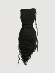 SHEIN MOD Women Fashionable Tight-Fitting Dress With Asymmetrical Hemline, 3D Flower And Sash Detail