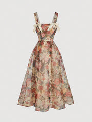 SHEIN MOD Women's Apricot Floral Print Bowknot Vintage Long Dress,Apricot Homecoming Dress