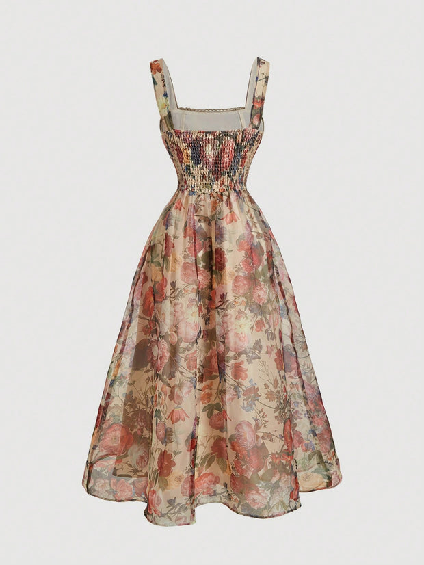 SHEIN MOD Women's Apricot Floral Print Bowknot Vintage Long Dress,Apricot Homecoming Dress