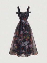 SHEIN MOD Women's Apricot Floral Print Bowknot Vintage Long Dress,Apricot Homecoming Dress