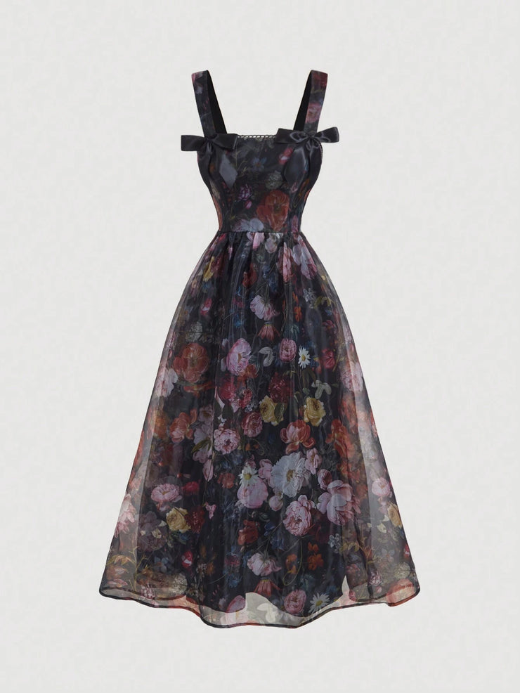 SHEIN MOD Women's Apricot Floral Print Bowknot Vintage Long Dress,Apricot Homecoming Dress