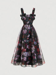 SHEIN MOD Women's Apricot Floral Print Bowknot Vintage Long Dress,Apricot Homecoming Dress
