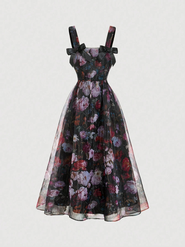 SHEIN MOD Women's Apricot Floral Print Bowknot Vintage Long Dress,Apricot Homecoming Dress
