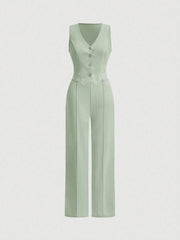 SHEIN MOD Ladies' Single-Breasted Vest And Trousers Set Khaki Color