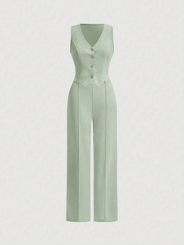 SHEIN MOD Ladies' Single-Breasted Vest And Trousers Set Khaki Color