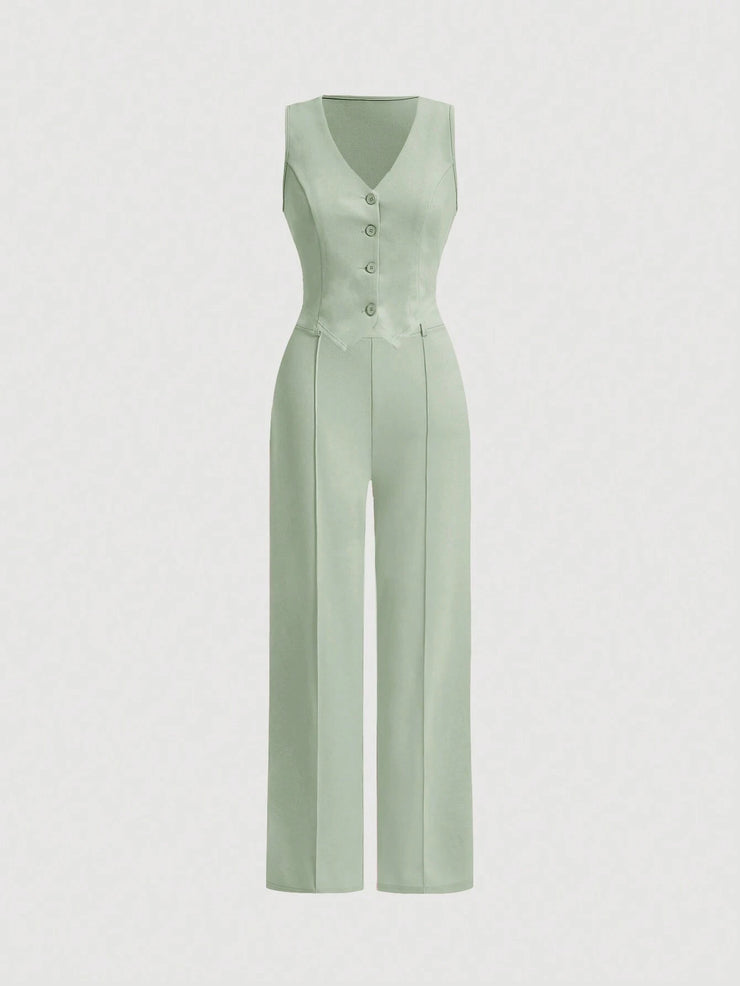 SHEIN MOD Ladies' Single-Breasted Vest And Trousers Set Khaki Color