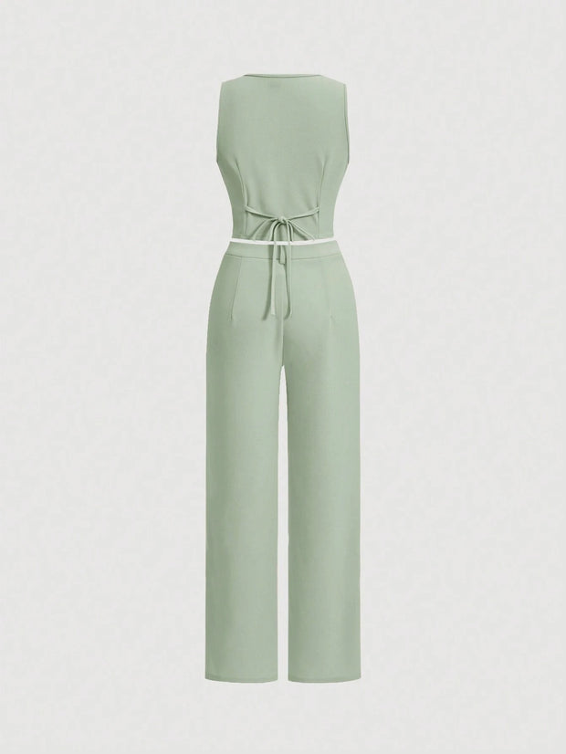 SHEIN MOD Ladies' Single-Breasted Vest And Trousers Set Khaki Color