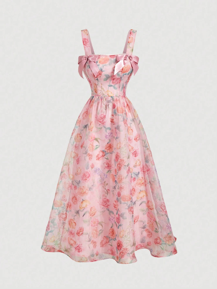 SHEIN MOD Women's Apricot Floral Print Bowknot Vintage Long Dress,Apricot Homecoming Dress
