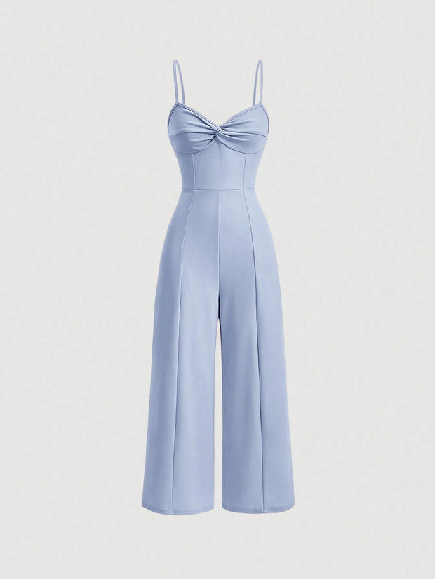 SHEIN MOD Twist Front Wide Leg Sweetheart Collar Jumpsuit
