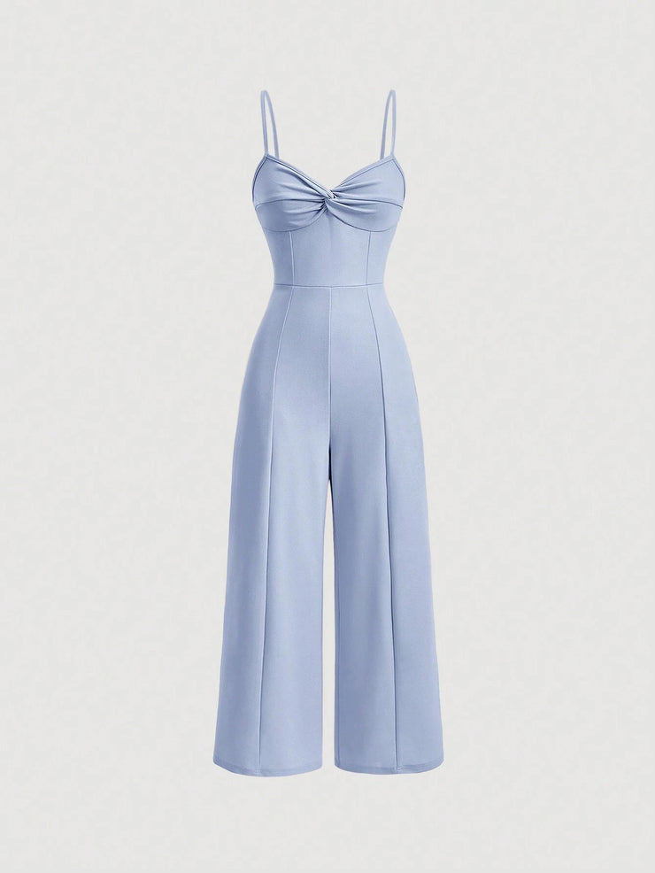 SHEIN MOD Twist Front Wide Leg Sweetheart Collar Jumpsuit