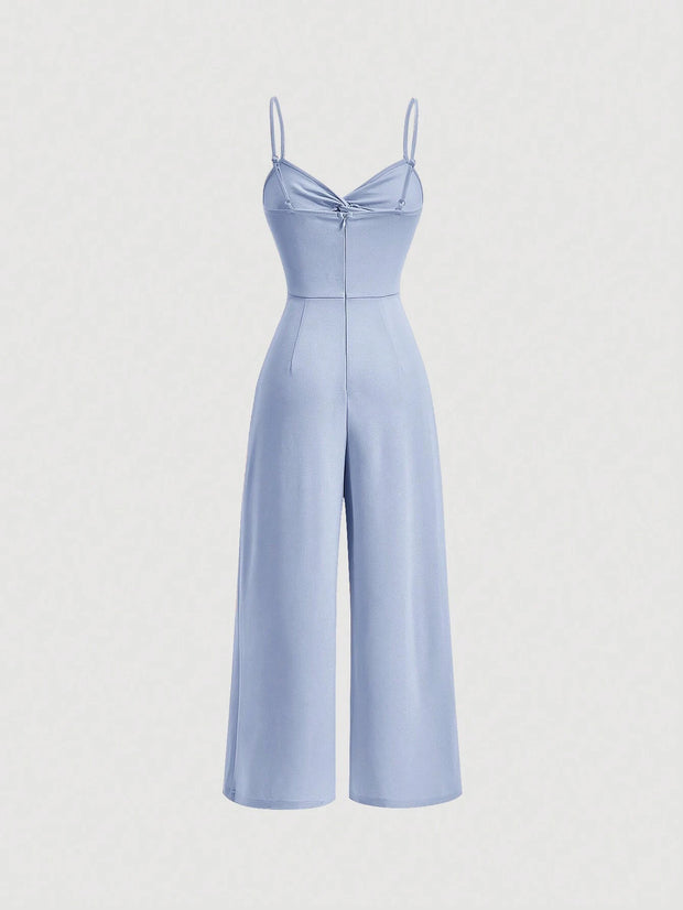 SHEIN MOD Twist Front Wide Leg Sweetheart Collar Jumpsuit