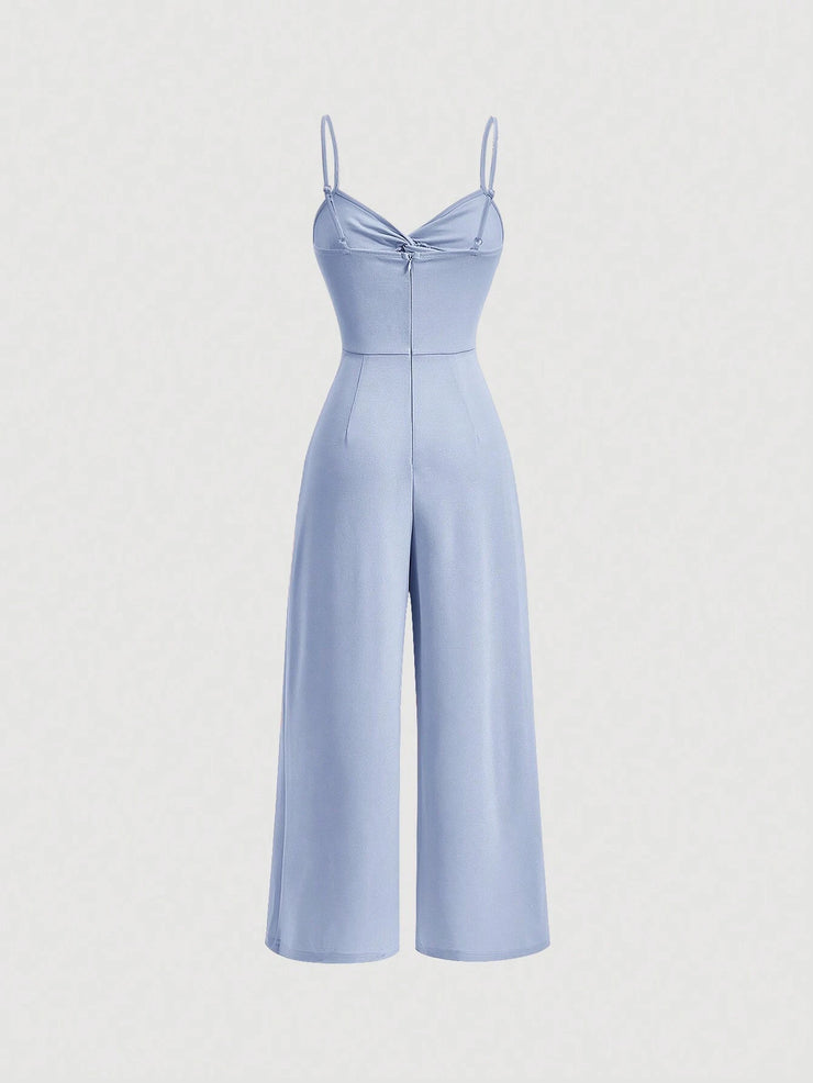 SHEIN MOD Twist Front Wide Leg Sweetheart Collar Jumpsuit
