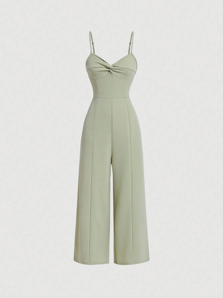 SHEIN MOD Twist Front Wide Leg Sweetheart Collar Jumpsuit