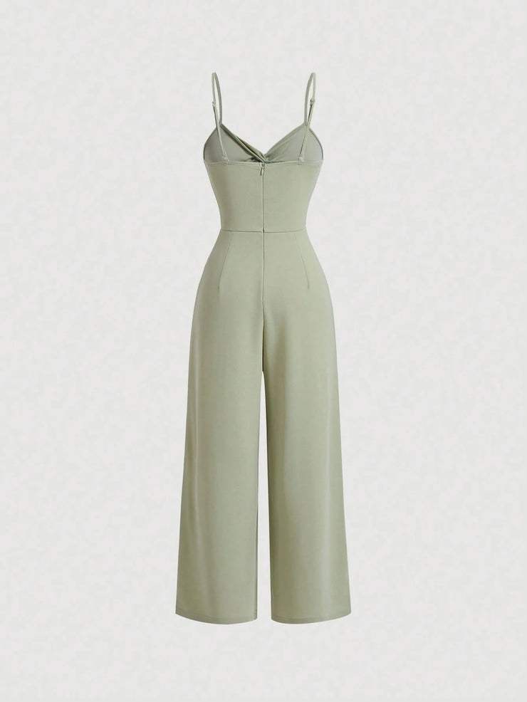 SHEIN MOD Twist Front Wide Leg Sweetheart Collar Jumpsuit