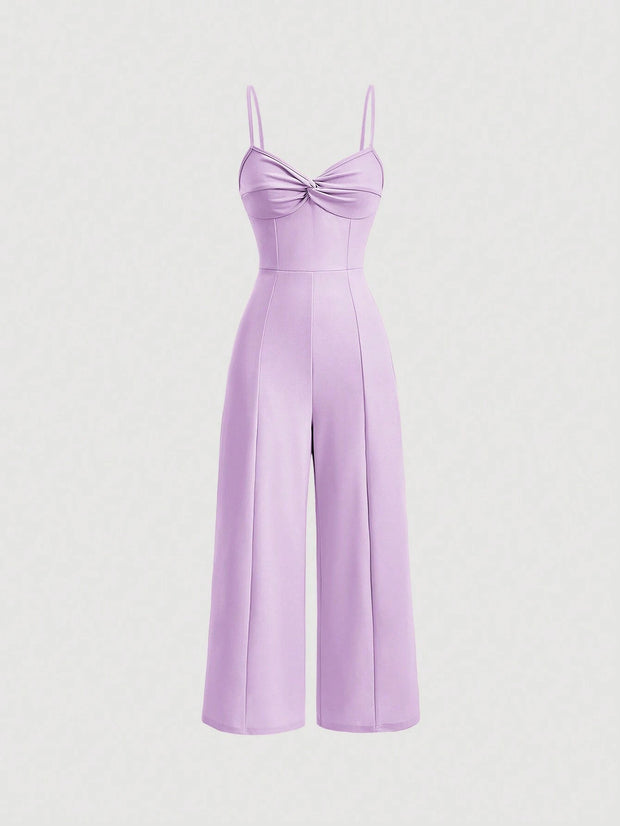 SHEIN MOD Twist Front Wide Leg Sweetheart Collar Jumpsuit