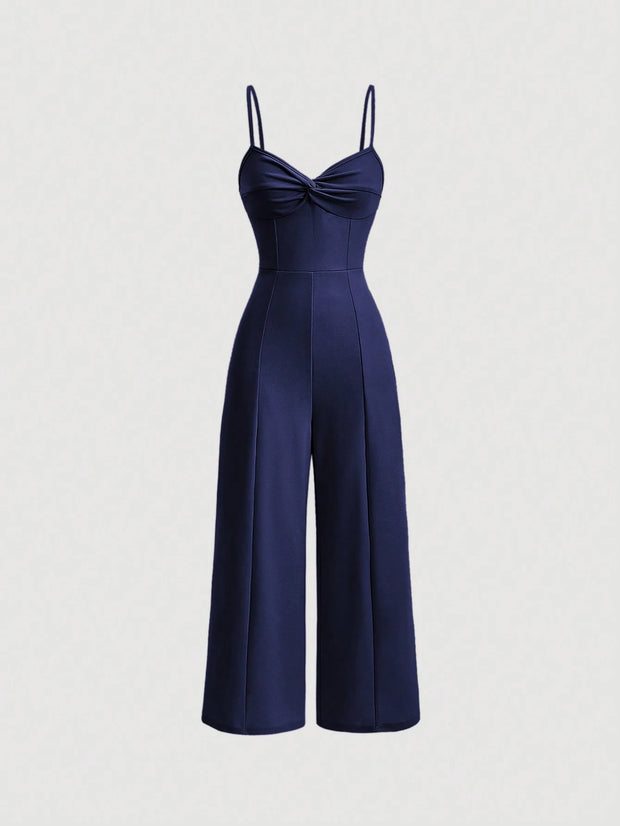 SHEIN MOD Twist Front Wide Leg Sweetheart Collar Jumpsuit