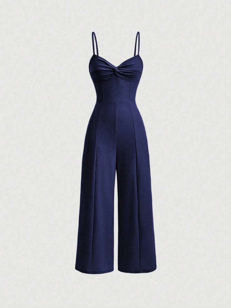 SHEIN MOD Twist Front Wide Leg Sweetheart Collar Jumpsuit