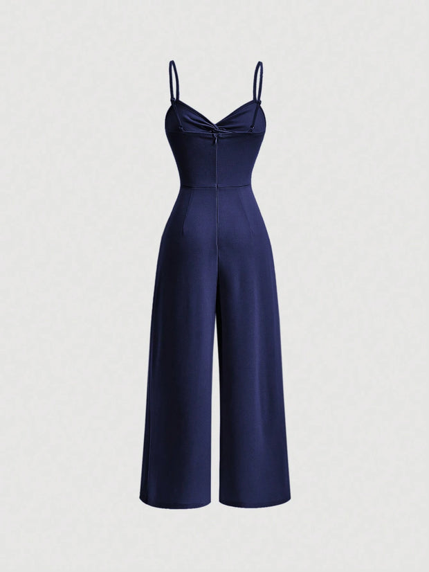 SHEIN MOD Twist Front Wide Leg Sweetheart Collar Jumpsuit