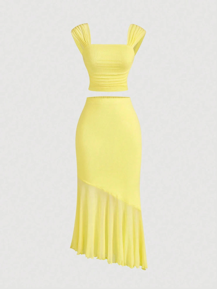 SHEIN MOD Ruched Asymmetrical Hem Vintage Romantic Women's 2pcs Set