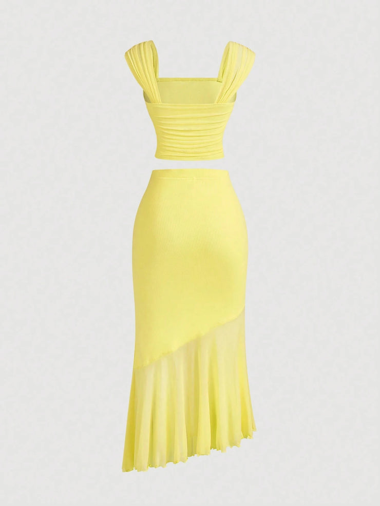 SHEIN MOD Ruched Asymmetrical Hem Vintage Romantic Women's 2pcs Set