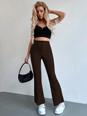 Chiquease Solid Color Stretchy Knit Button Pocket Flared Leg Pants