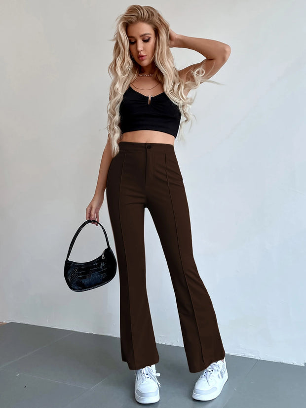 Chiquease Solid Color Stretchy Knit Button Pocket Flared Leg Pants