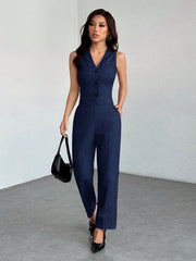 SHEIN PETITE Casual Sleeveless Open Front Vest And Relaxed Pants Set
