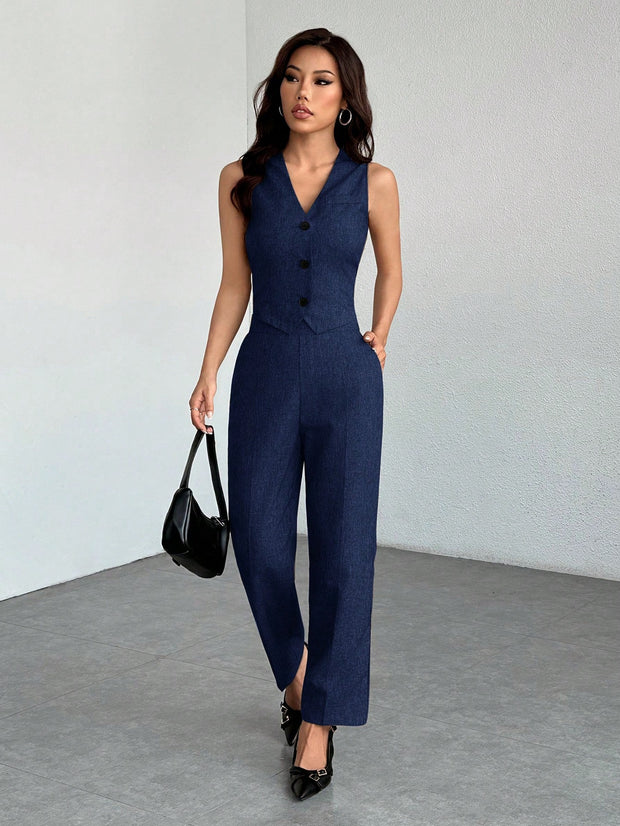 SHEIN PETITE Casual Sleeveless Open Front Vest And Relaxed Pants Set